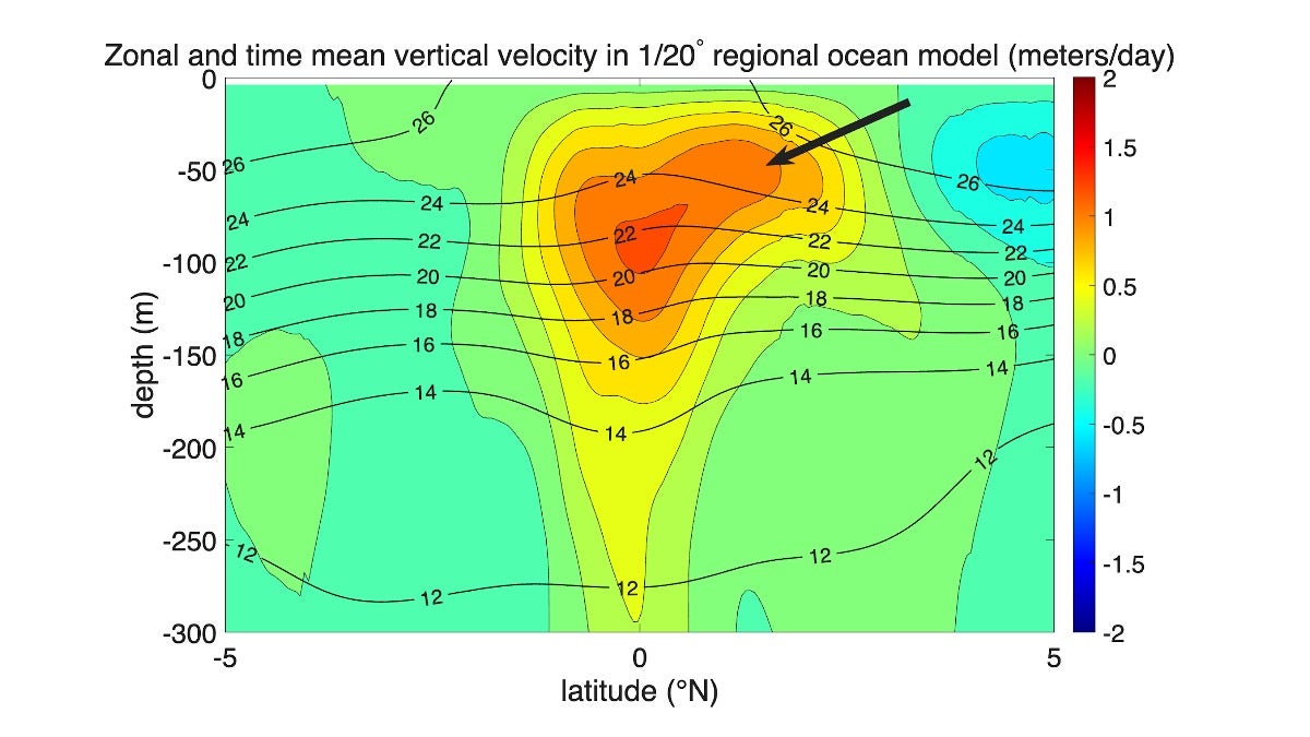 Vertical velocity (color) and temperature (black contours every 2°C) as a function of depth and latitude in a 1/20°-resolution regional ocean simulation of the east-central equatorial Pacific. The fields are averaged over 1999–2018 and 95°W–170°W. The arrow highlights the eddy-driven northward extension of upwelling.