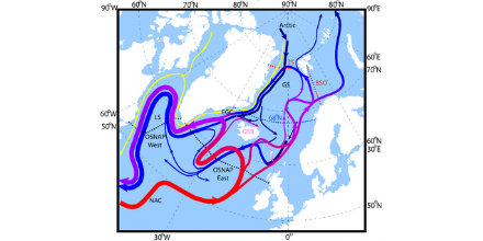 Schematic of long-term mean AMOC pathways overlapped with sections.