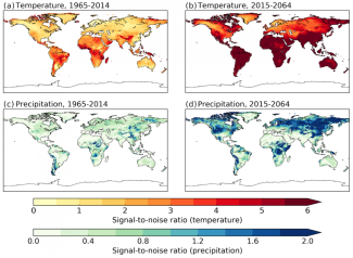 The Observational Large Ensemble (Obs-LE) can be used to assess the relative roles of internal variability and anthropogenic influence on 50-year trends in (a-b) temperature and (c-d) precipitation over land