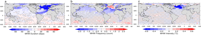The impact of AMOC slowdown on marine heatwaves from CCSM4 simulations.